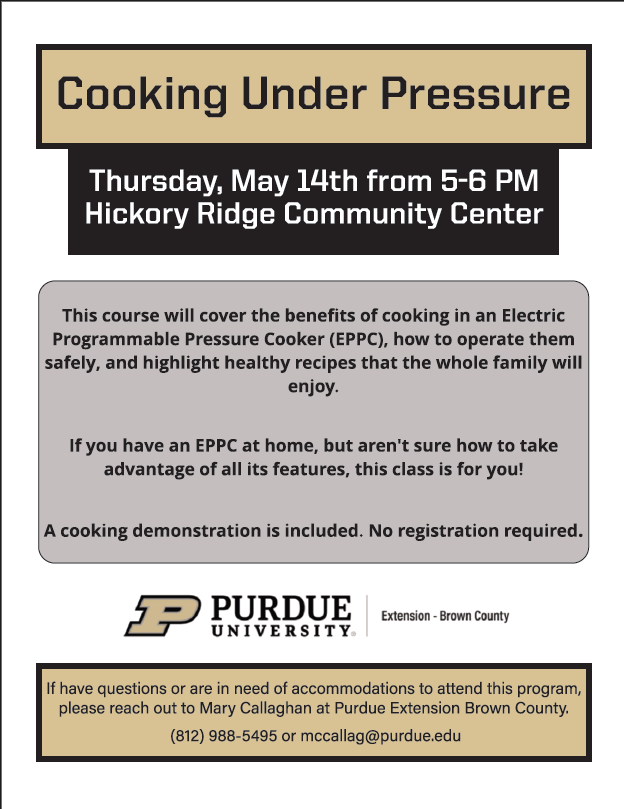 Flyer about cooking under pressure class on May 14th 2026 from 5pm to 6pm